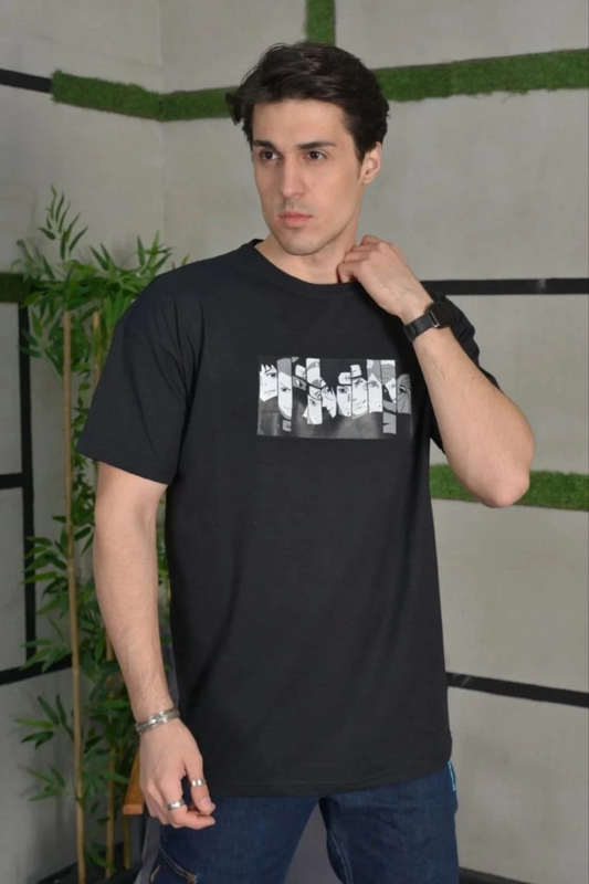 ASSEMA ERKEK Bisiklet Yaka Baskılı Kısa kol  Oversize T-Shirt - Siyah