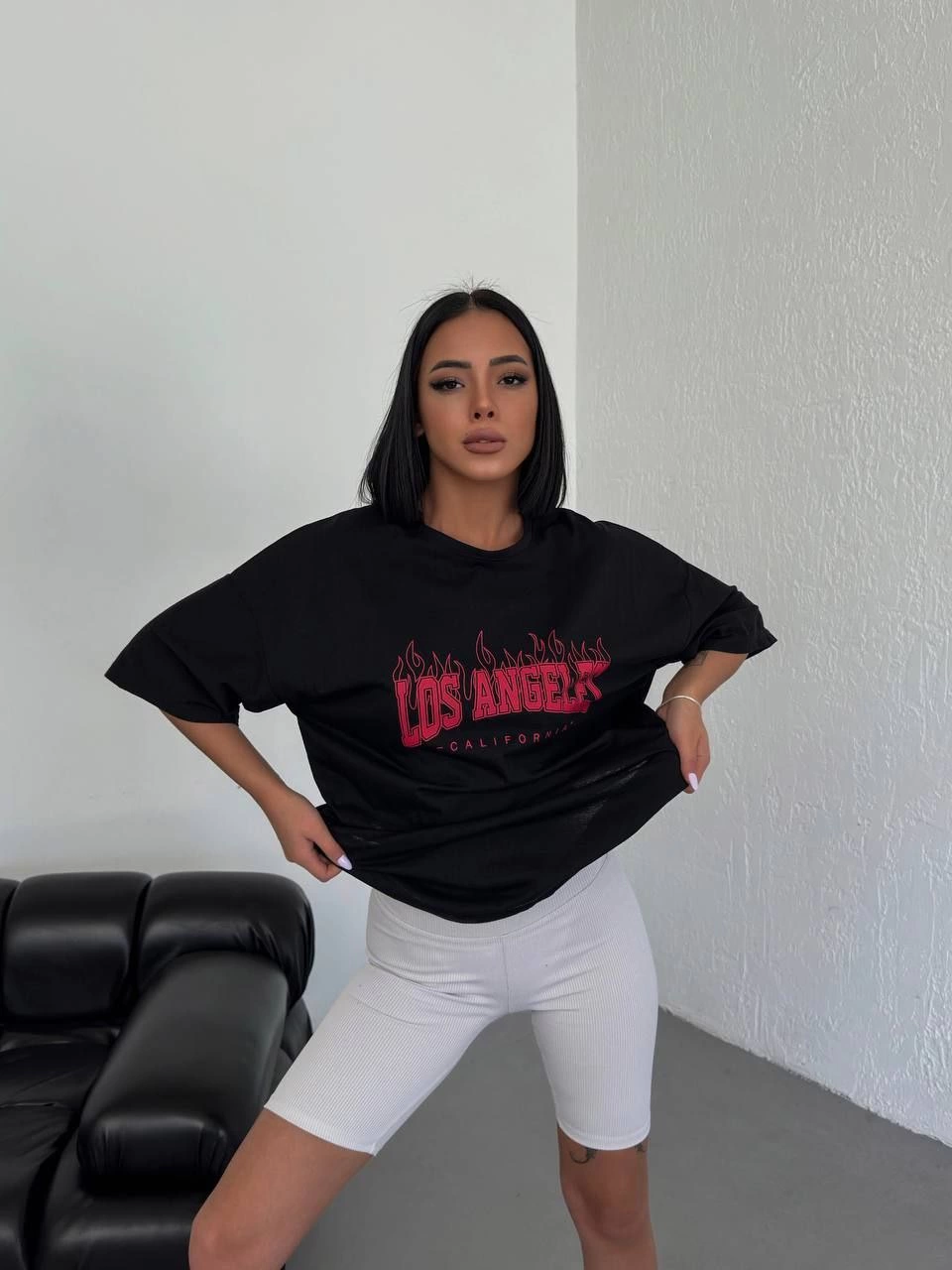 ASSEMA Kadın Baskılı T-Shirt Kısa Kol Bisiklet Yaka  Ovarsize Rahat Kalıp Günlük Tişört  - Siyah