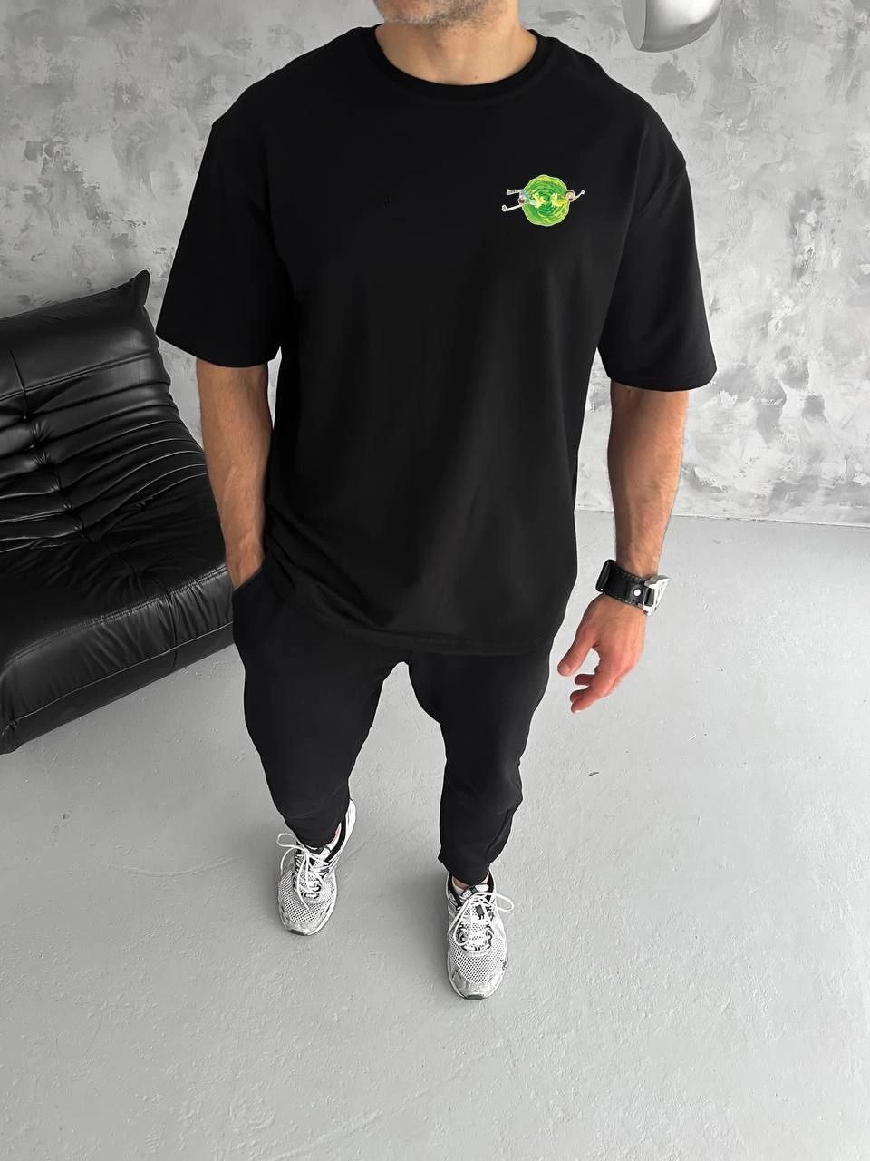 ASSEMA ERKEK Bisiklet Yaka ön ve sırt Baskılı Oversize T-Shirt - Siyah
