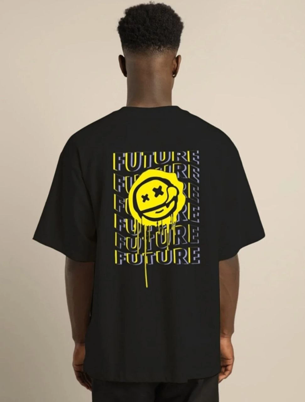 ASSEMA ERKEK Bisiklet Yaka Baskılı  Kısa kol Oversize T-Shirt - Siyah