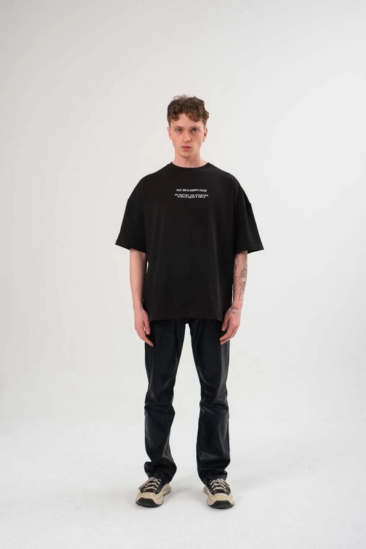 ASSEMA Erkek Bisiklet Yaka Baskılı  Kısa kol Oversize T-Shirt - Siyah