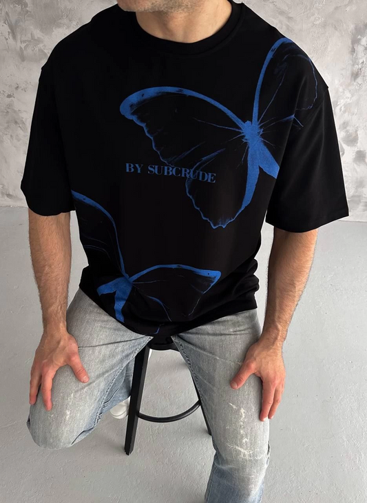 ASSEMA Erkek  Bisiklet Yaka Baskılı Oversize T-Shirt - Siyah