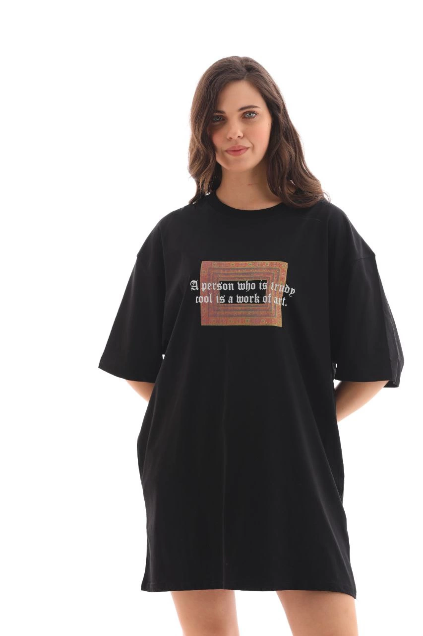 ASSEMA Kadın Baskılı T-Shirt Kısa Kol Bisiklet Yaka Ovarsize Rahat Kalıp Tişört -  Siyah