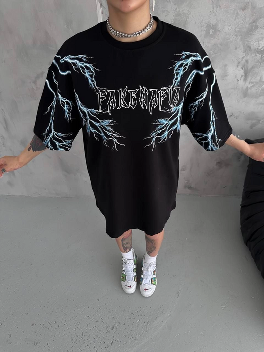 ASSEMA Kadın Bisiklet Yaka Baskılı  Kısa kol Oversize T-Shirt - Siyah
