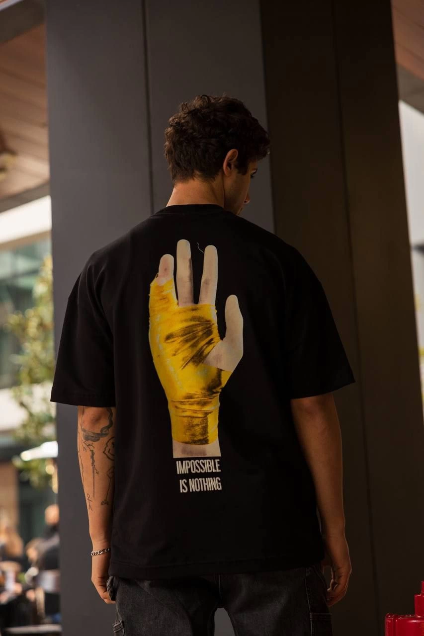 ASSEMA Erkek Bisiklet Yaka Baskılı Oversize  Kısa kol T-Shirt - Siyah