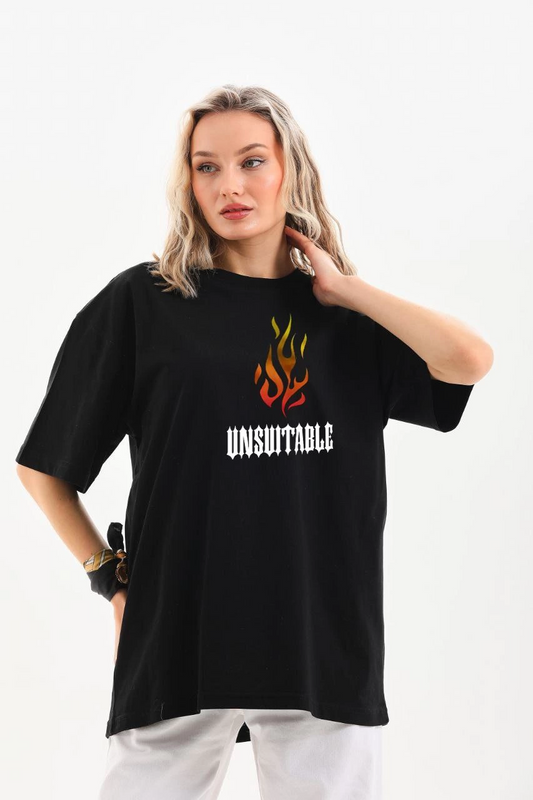 ASSEMA Kadın Baskılı T-Shirt Kısa Kol Bisiklet Yaka Oversize Rahat Kalıp Günlük Tişört   - Siyah