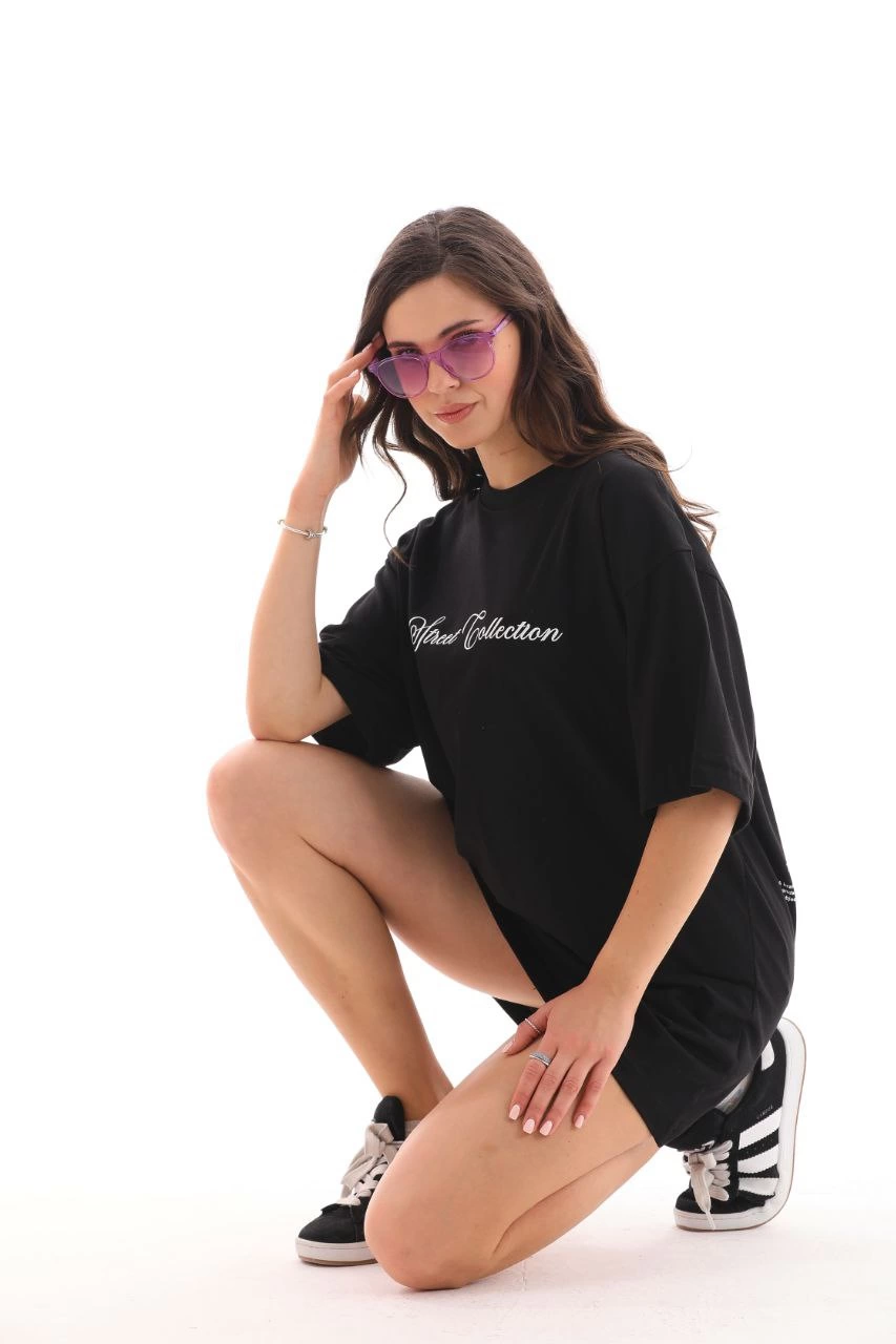 ASSEMA Kadın Baskılı T-Shirt Kısa Kol Bisiklet Yaka  Ovarsize Rahat Kalıp Günlük Tişört  - Siyah