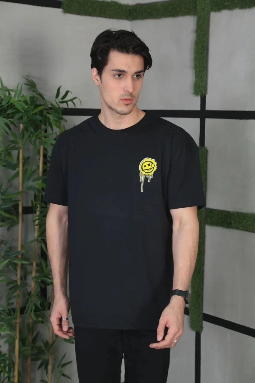 ASSEMA ERKEK Bisiklet Yaka Baskılı  Kısa kol Oversize T-Shirt - Siyah