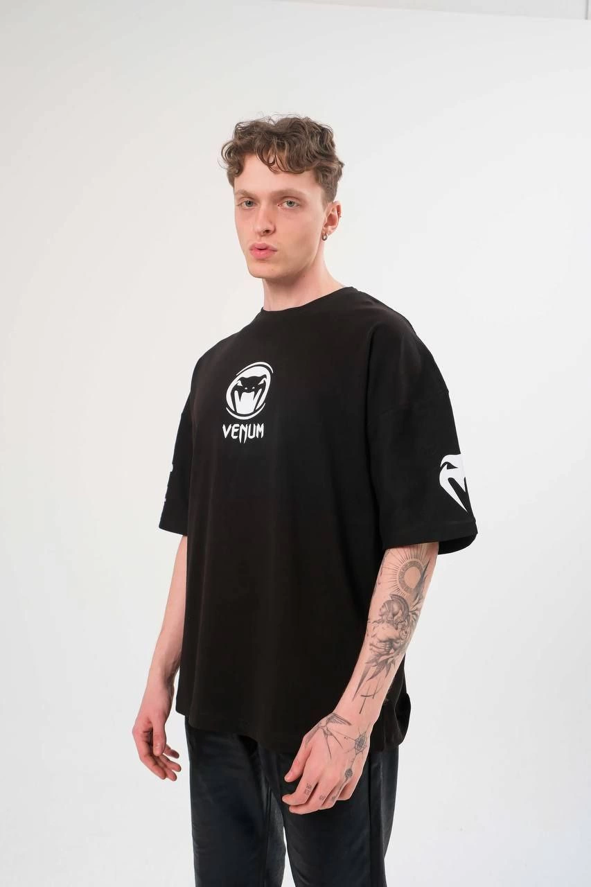 ASSEMA Erkek Bisiklet Yaka Baskılı  Kısa kol Oversize T-Shirt - Siyah