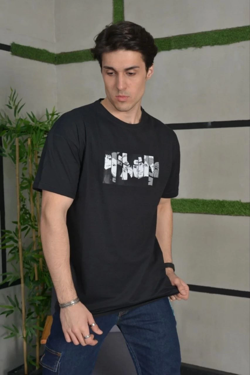 ASSEMA ERKEK Bisiklet Yaka Baskılı Kısa kol  Oversize T-Shirt - Siyah