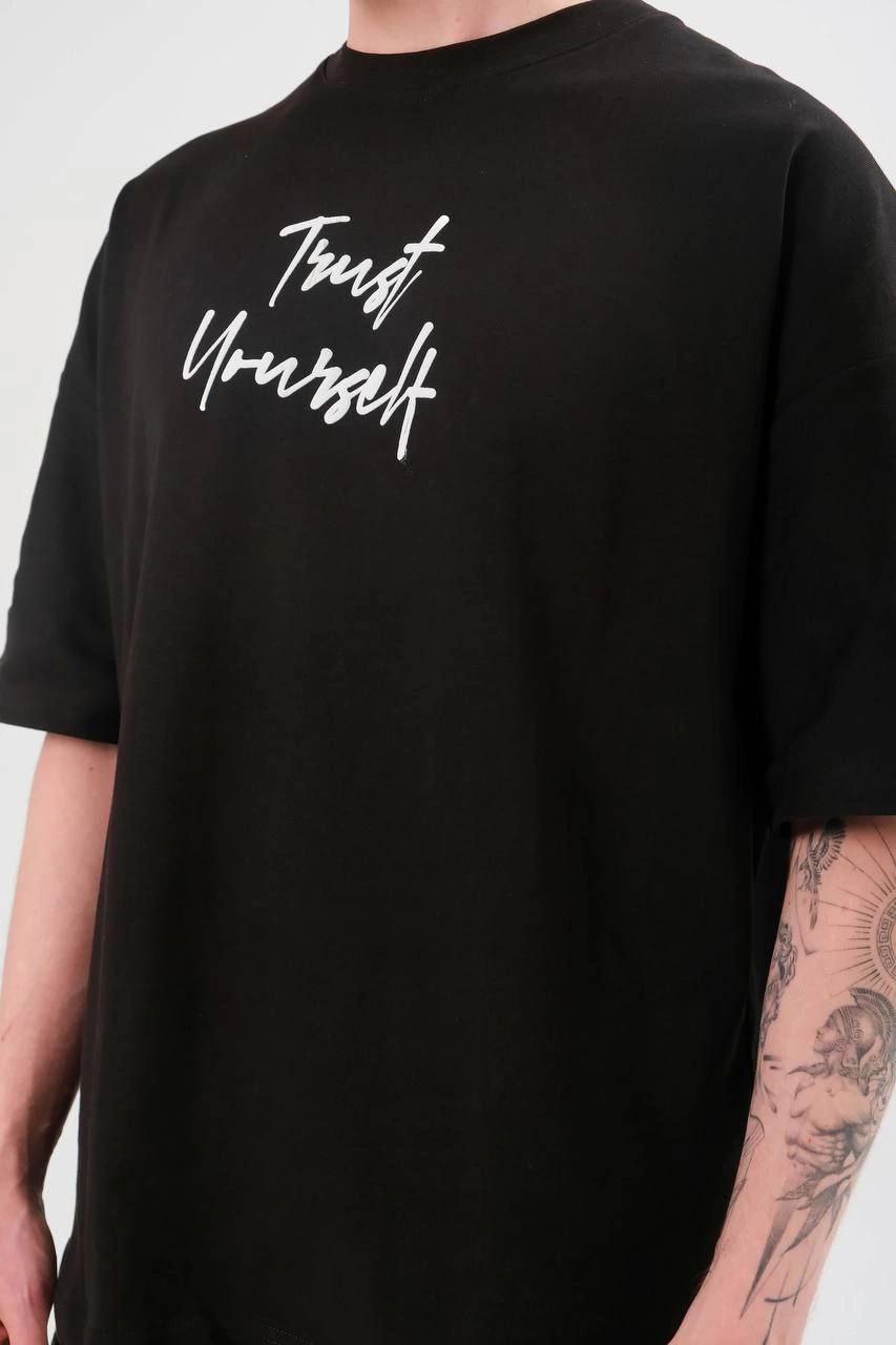 ASSEMA ERKEK Bisiklet Yaka Baskılı Oversize Kısa kol T-Shirt - Siyah