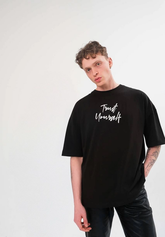 ASSEMA ERKEK Bisiklet Yaka Baskılı Oversize Kısa kol T-Shirt - Siyah