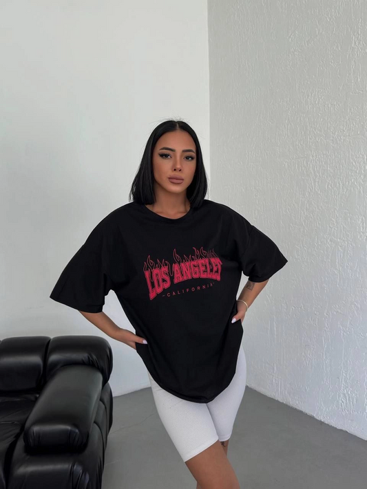 ASSEMA Kadın Baskılı T-Shirt Kısa Kol Bisiklet Yaka  Ovarsize Rahat Kalıp Günlük Tişört  - Siyah