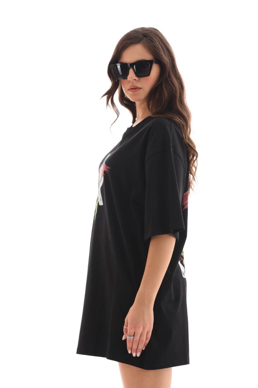 ASSEMA Unisex Bisiklet Yaka Baskılı Oversize T-Shirt - Siyah