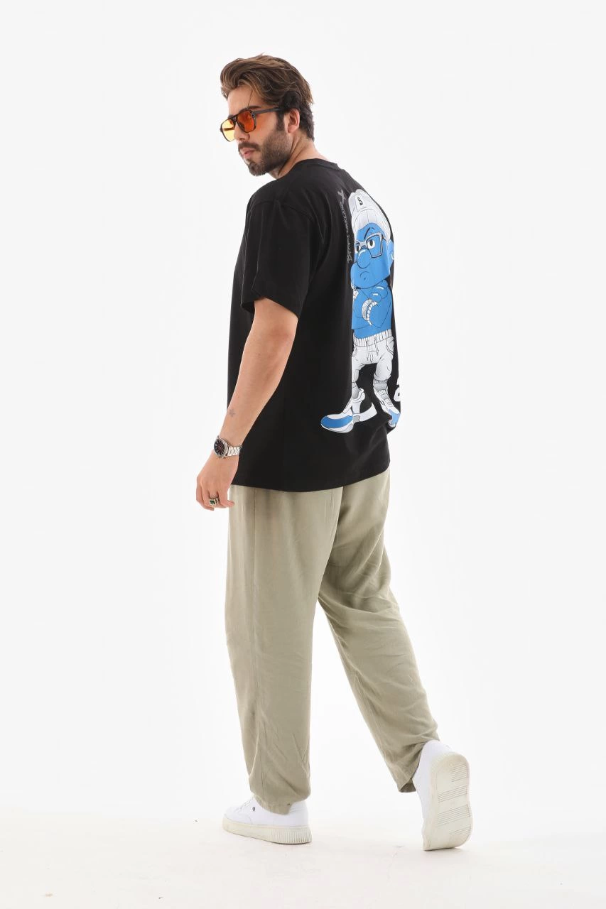 ASSEMA Erkek  Bisiklet Yaka Baskılı Oversize T-Shirt - Siyah