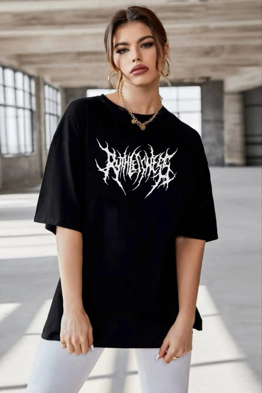 ASSEMA Kadın Baskılı T-Shirt Kısa Kol Bisiklet Yaka Oversize Rahat Kalıp Günlük Tişört   - Siyah