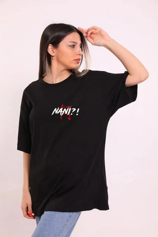 ASSEMA kadın  Bisiklet Yaka Baskılı Oversize T-Shirt - Siyah
