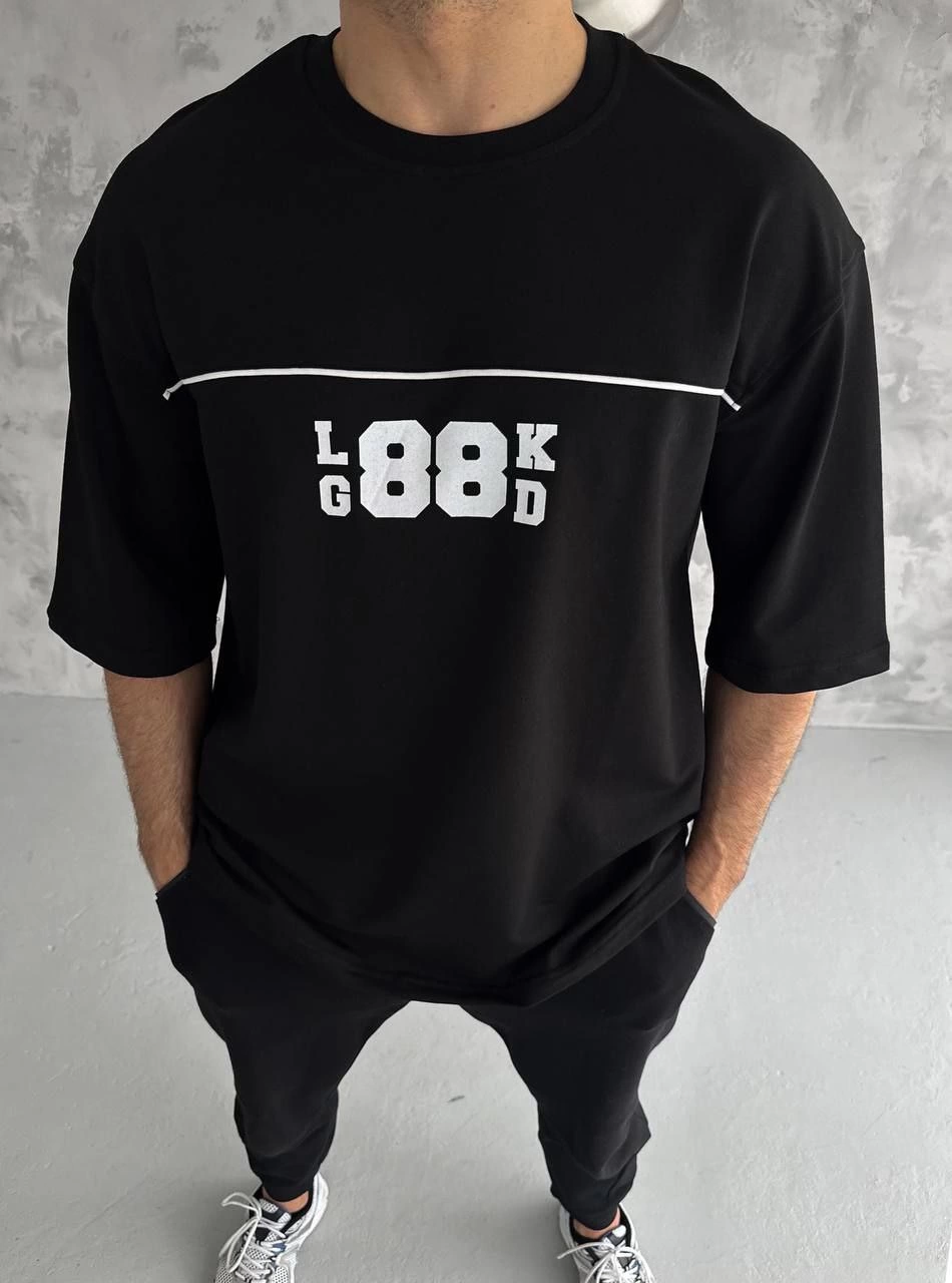 ASSEMA Erkek Bisiklet Yaka Baskılı Oversize T-Shirt - Siyah