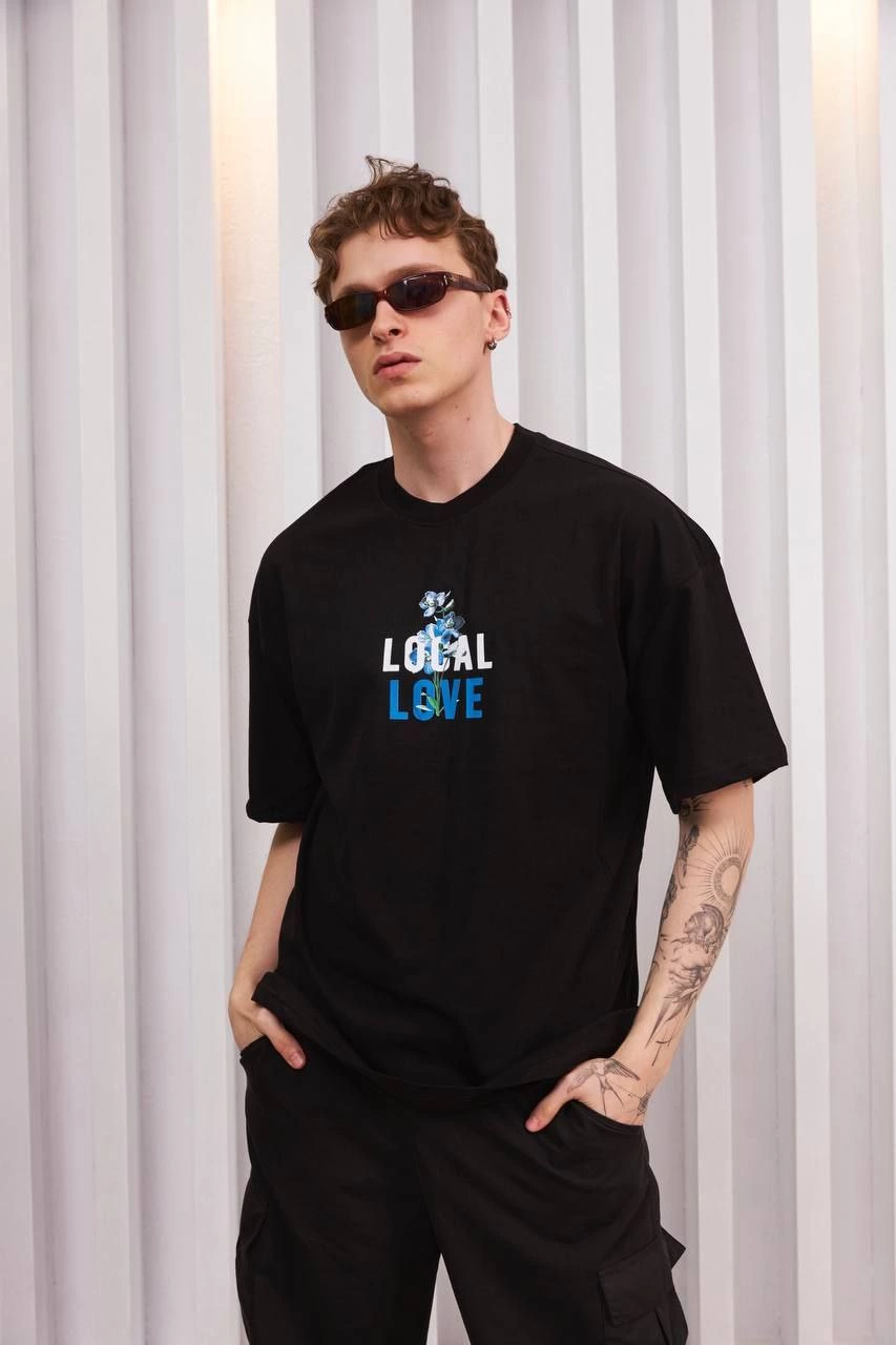 ASSEMA ERKEK Bisiklet Yaka Baskılı Oversize  Kısa kol T-Shirt - Siyah