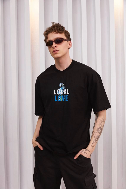 ASSEMA ERKEK Bisiklet Yaka Baskılı Oversize  Kısa kol T-Shirt - Siyah