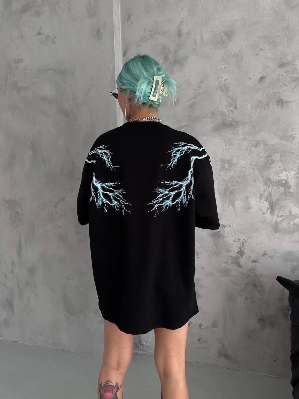 ASSEMA Kadın Bisiklet Yaka Baskılı  Kısa kol Oversize T-Shirt - Siyah
