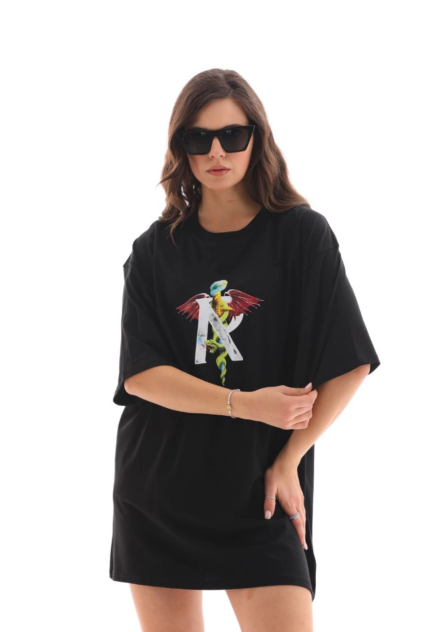 ASSEMA Unisex Bisiklet Yaka Baskılı Oversize T-Shirt - Siyah