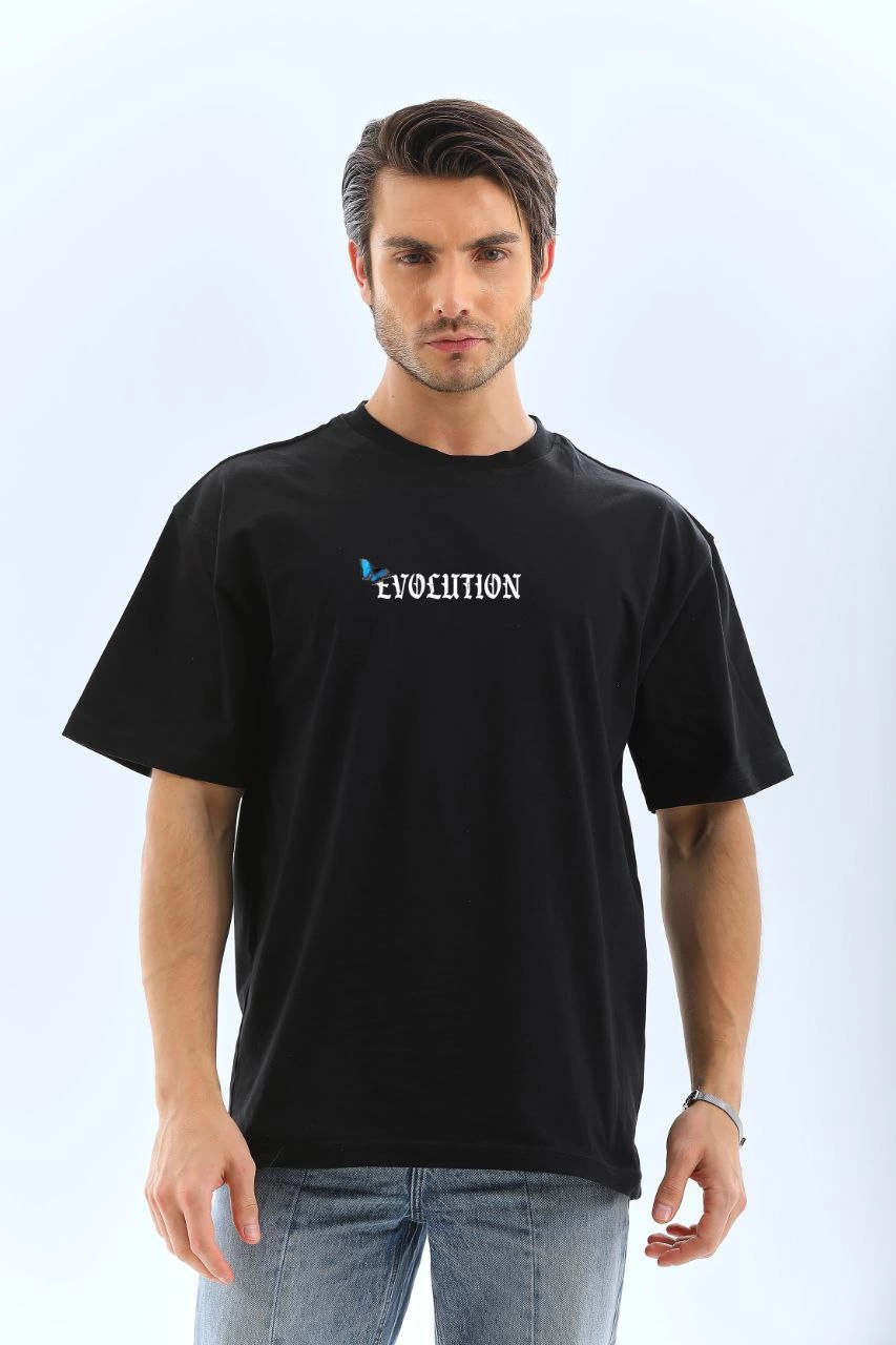 ASSEMA Erkek Bisiklet Yaka kelebek Baskılı Oversize T-Shirt - Siyah