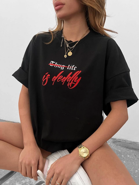 ASSEMA kadın Bisiklet Yaka Baskılı Oversize  Kısa kol T-Shirt - Siyah