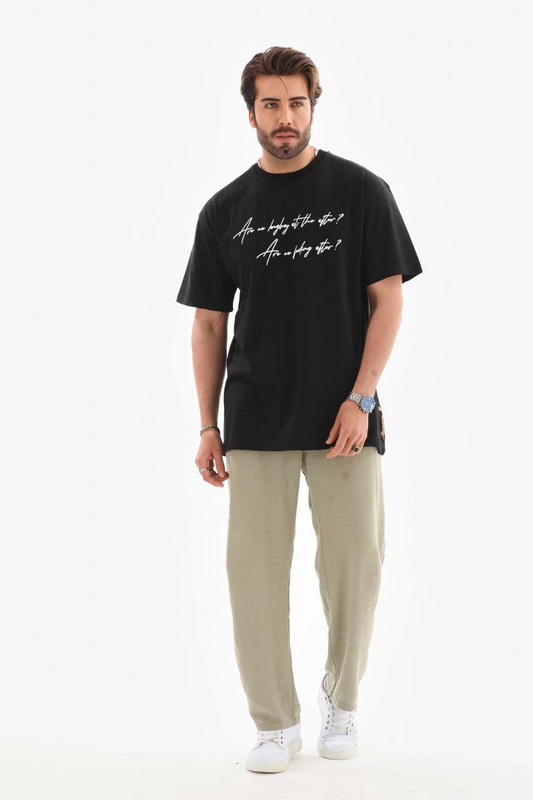 ASSEMA Erkek Bisiklet Yaka Baskılı Oversize T-Shirt - Siyah