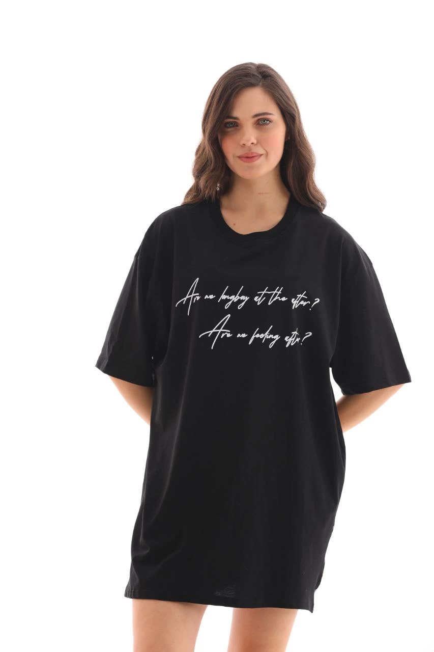 ASSEMA kadın  Bisiklet Yaka Baskılı Oversize T-Shirt - Siyah