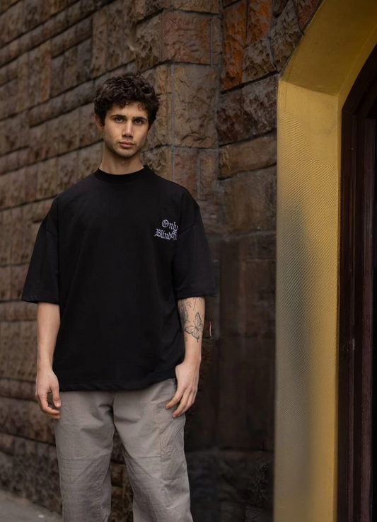 ASSEMA Erkek Bisiklet Yaka Baskılı Oversize  Kısa kol T-Shirt - Siyah