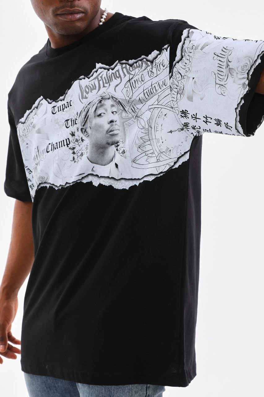 ASSEMA Erkek  Bisiklet Yaka Baskılı Oversize T-Shirt - Siyah