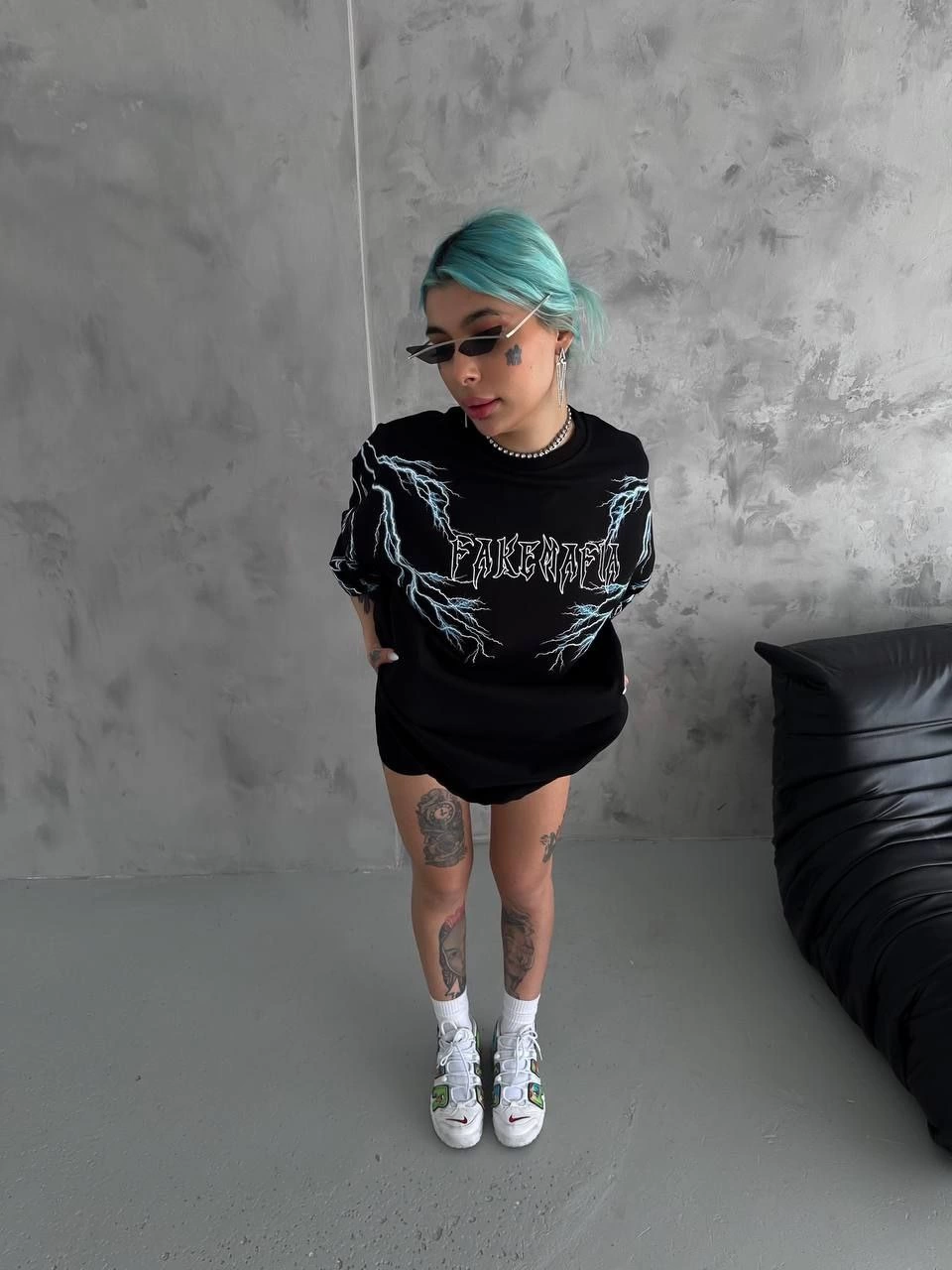 ASSEMA Kadın Bisiklet Yaka Baskılı  Kısa kol Oversize T-Shirt - Siyah