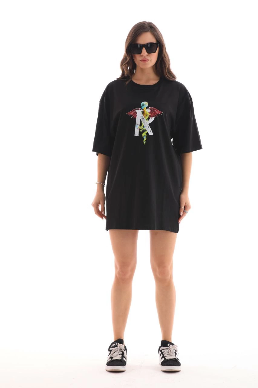 ASSEMA Unisex Bisiklet Yaka Baskılı Oversize T-Shirt - Siyah