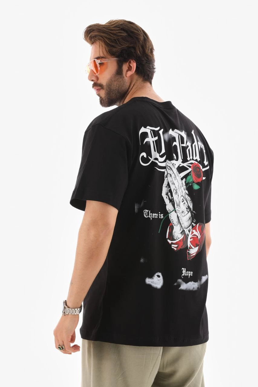 ASSEMA Erkek Bisiklet Yaka Baskılı Oversize T-Shirt - Siyah