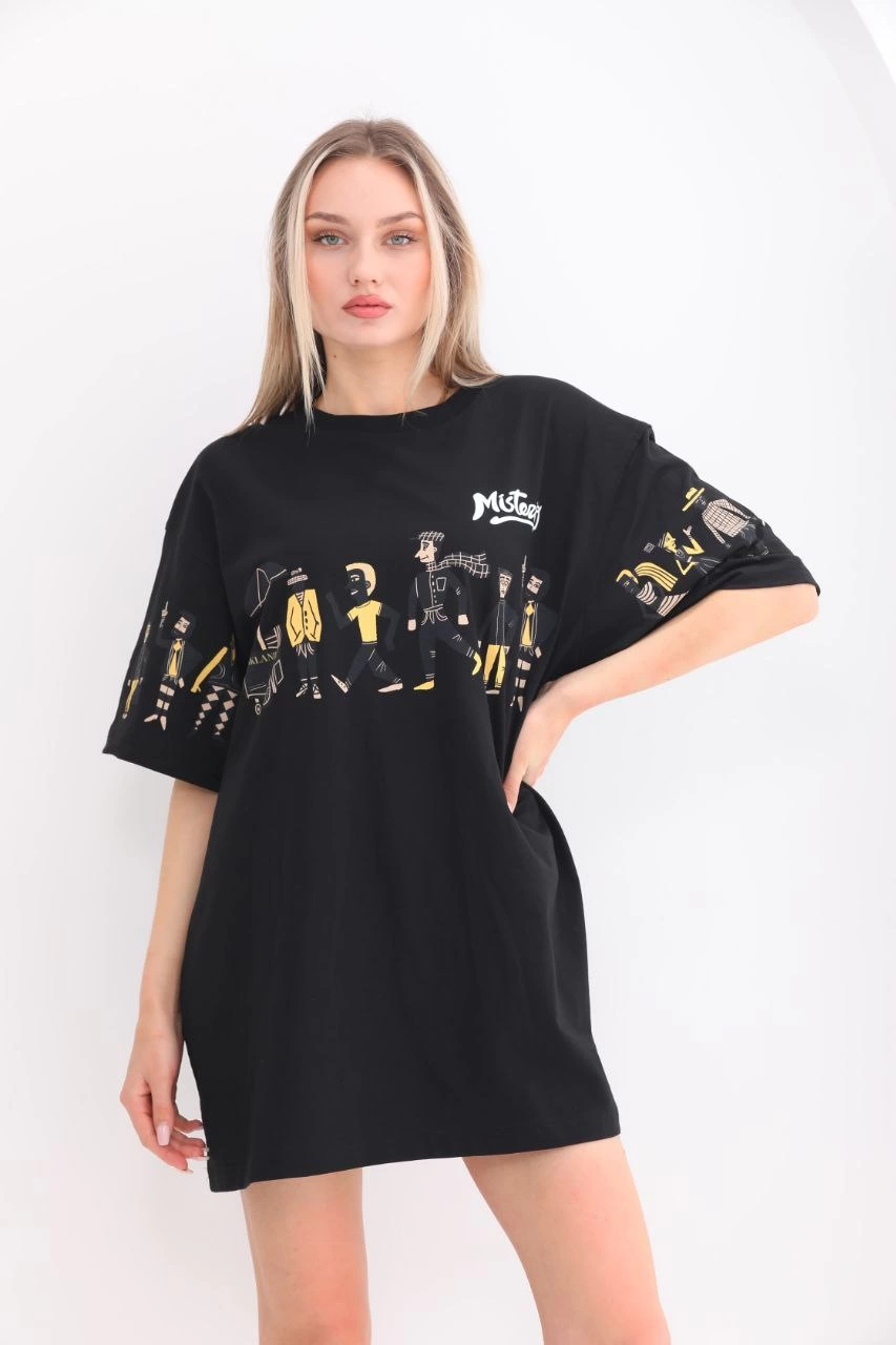 ASSEMA kadın  Bisiklet Yaka Baskılı Oversize T-Shirt - Siyah