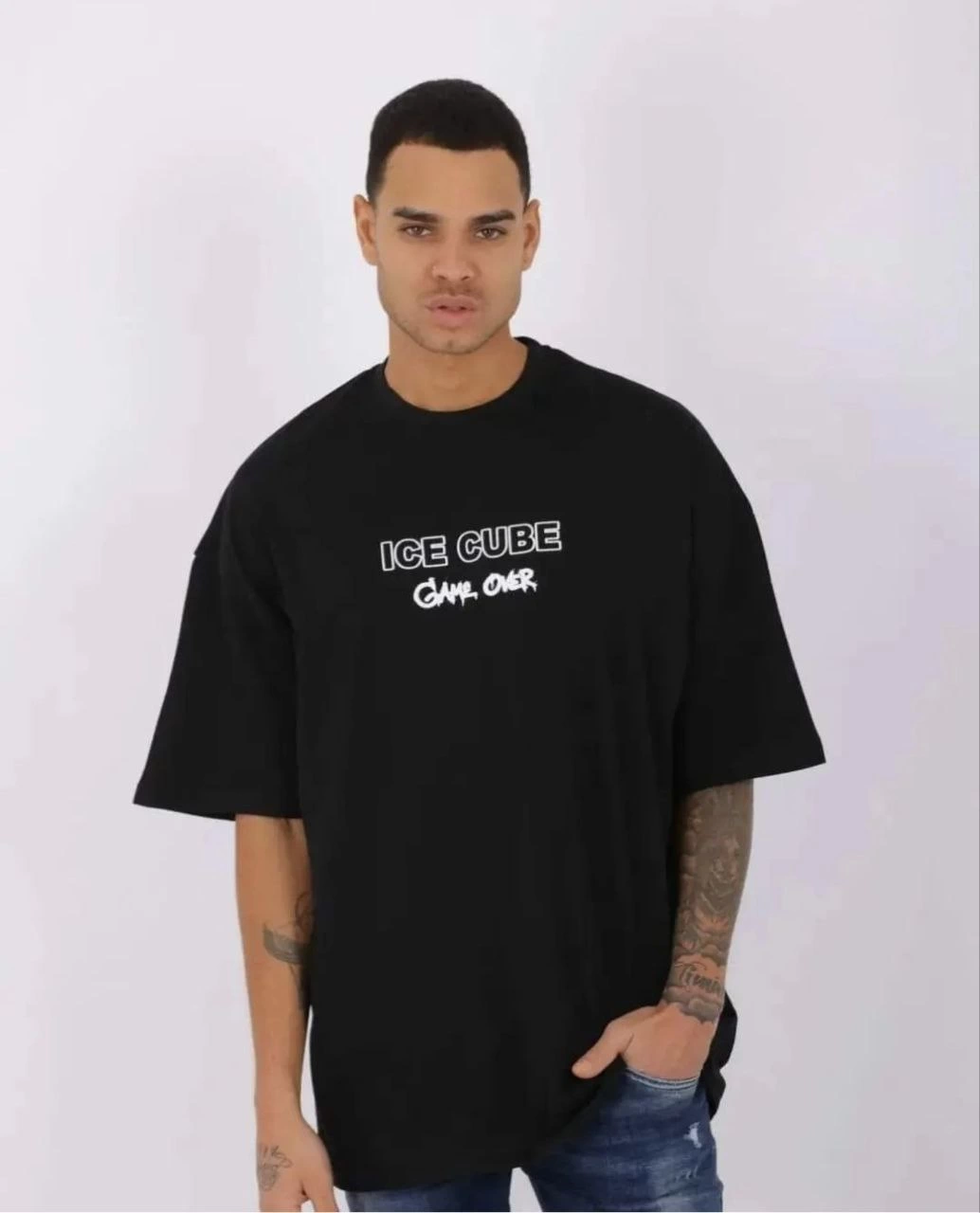 ASSEMA ERKEK Bisiklet Yaka Baskılı  Kısa kol Oversize T-Shirt - Siyah