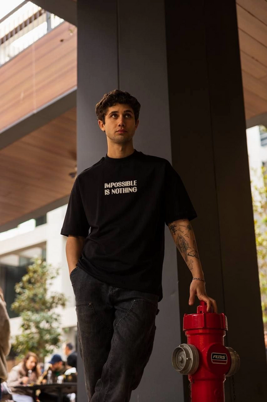 ASSEMA Erkek Bisiklet Yaka Baskılı Oversize  Kısa kol T-Shirt - Siyah