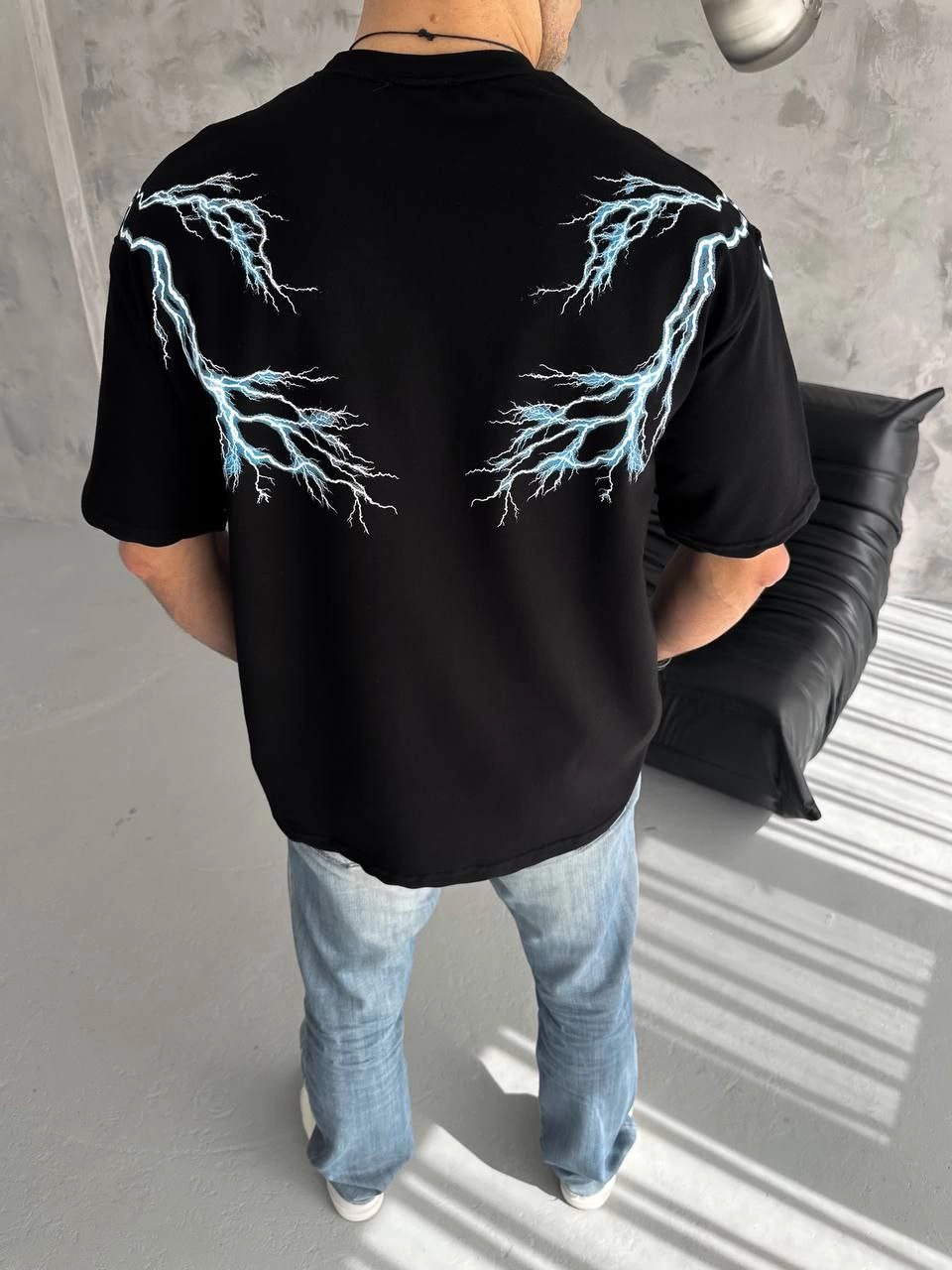ASSEMA Erkek Yıldırım şimşek Baskılı T-Shirt Kısa Kol Bisiklet Yaka Tişört - Siyah
