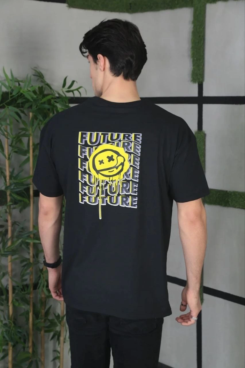 ASSEMA ERKEK Bisiklet Yaka Baskılı  Kısa kol Oversize T-Shirt - Siyah