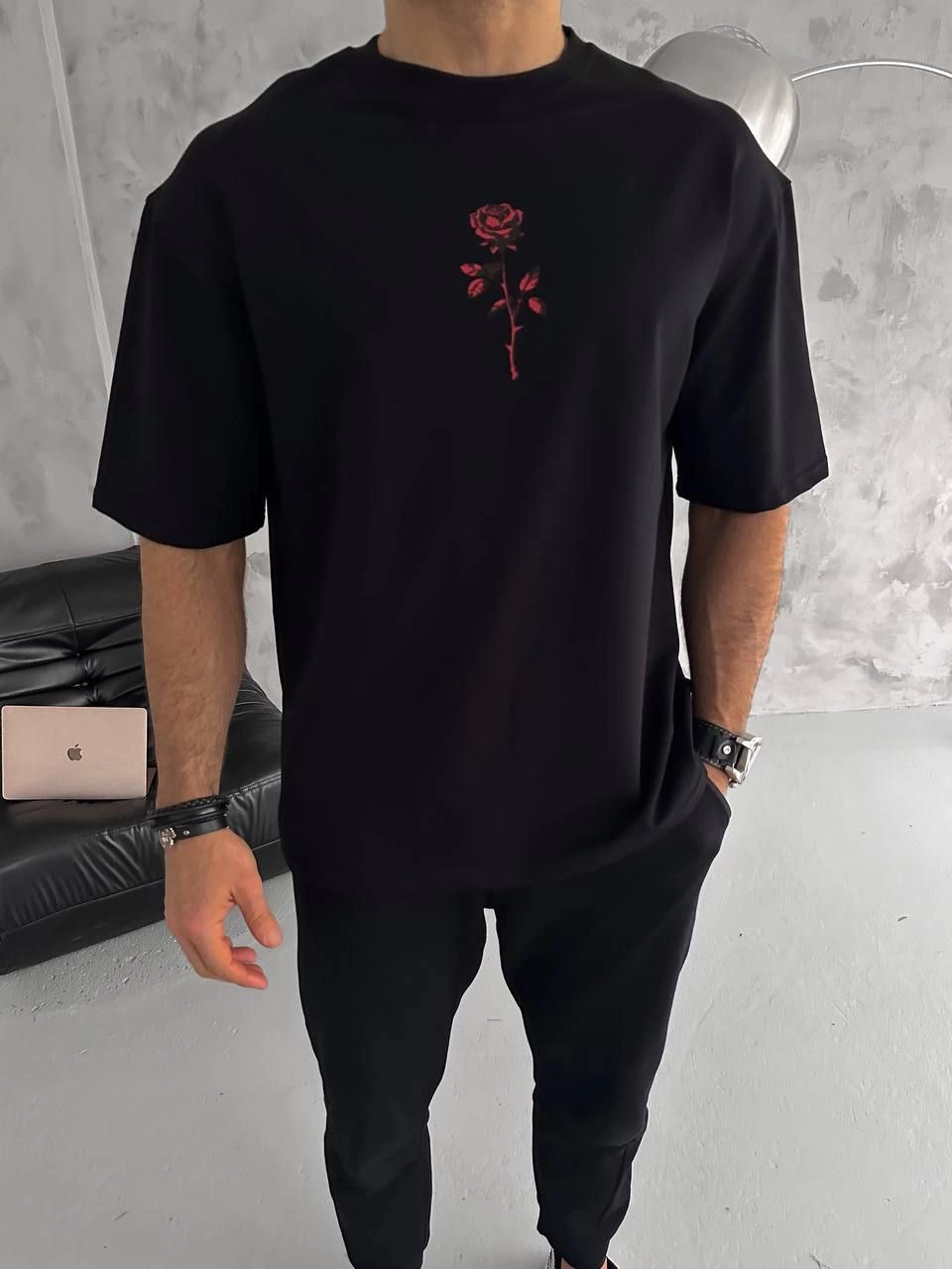 ASSEMA Erkek Bisiklet Yaka Baskılı Oversize  Kısa kol T-Shirt - Siyah