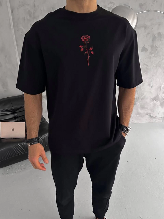 ASSEMA Erkek Bisiklet Yaka Baskılı Oversize  Kısa kol T-Shirt - Siyah