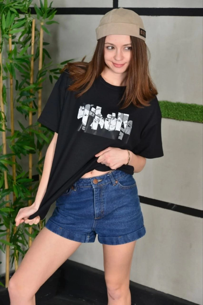 ASSEMA Kadın Bisiklet Yaka Baskılı  Kısa kol Oversize T-Shirt - Siyah