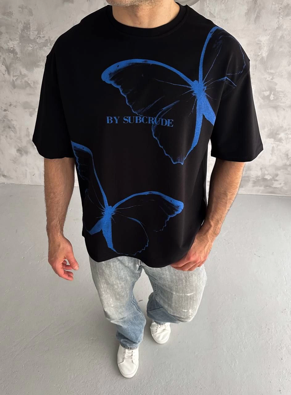 ASSEMA Erkek  Bisiklet Yaka Baskılı Oversize T-Shirt - Siyah