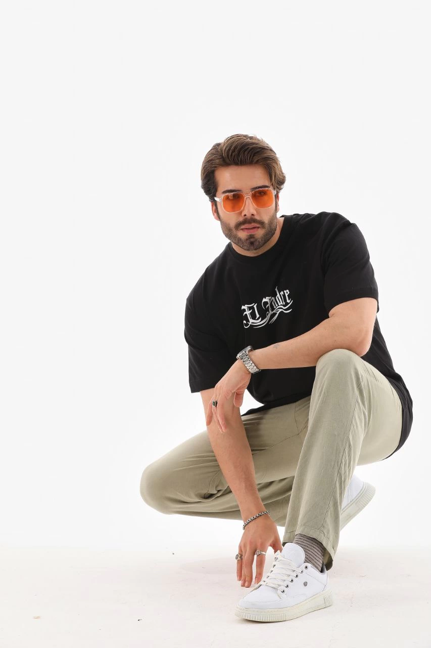 ASSEMA Erkek Bisiklet Yaka Baskılı Oversize T-Shirt - Siyah