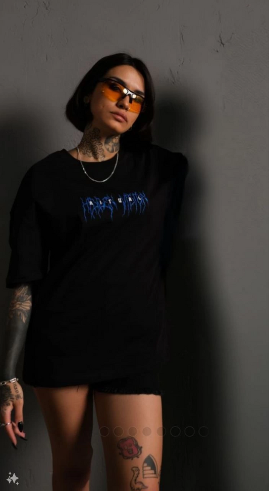 ASSEMA kadın Bisiklet Yaka Baskılı Oversize  Kısa kol T-Shirt - Siyah