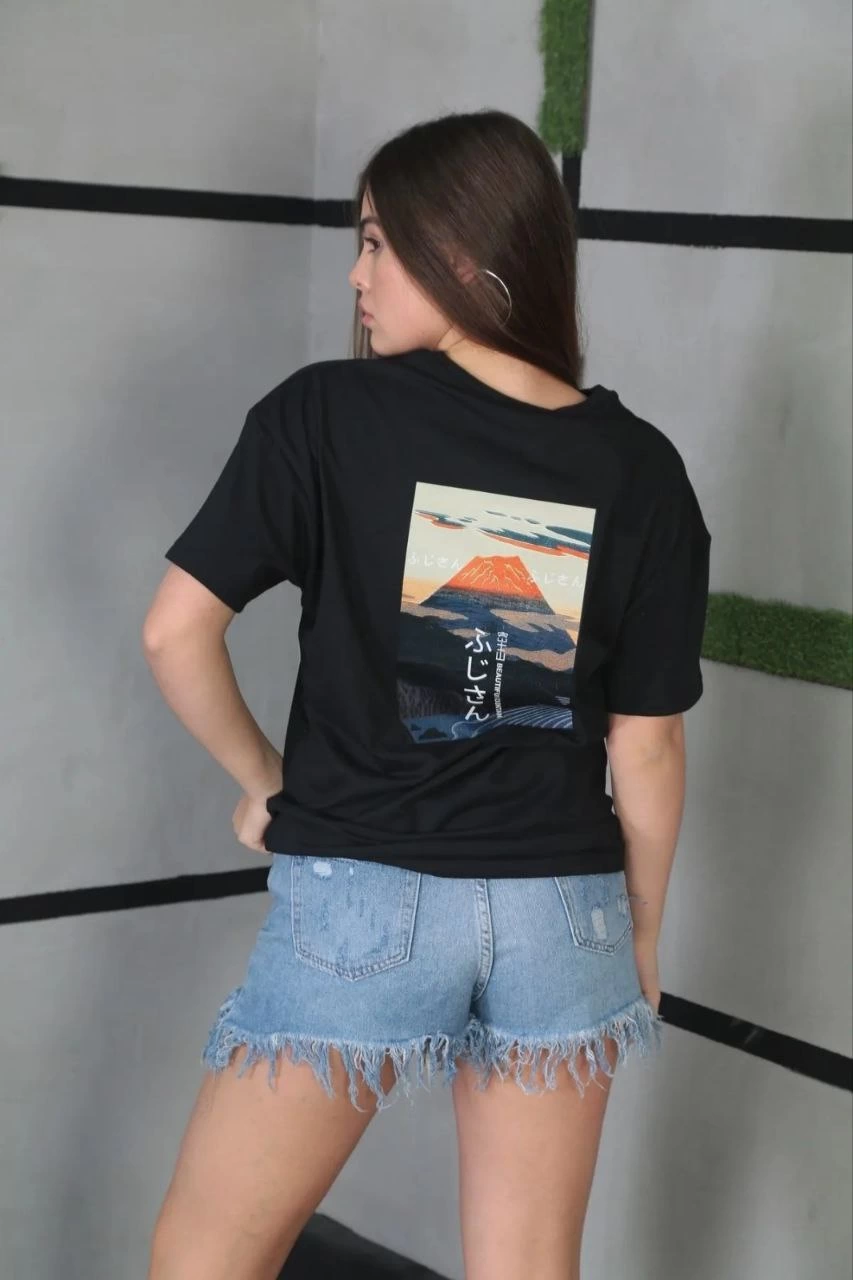 ASSEMA Kadın Bisiklet Yaka Baskılı Kısa kol  Oversize T-Shirt - Siyah