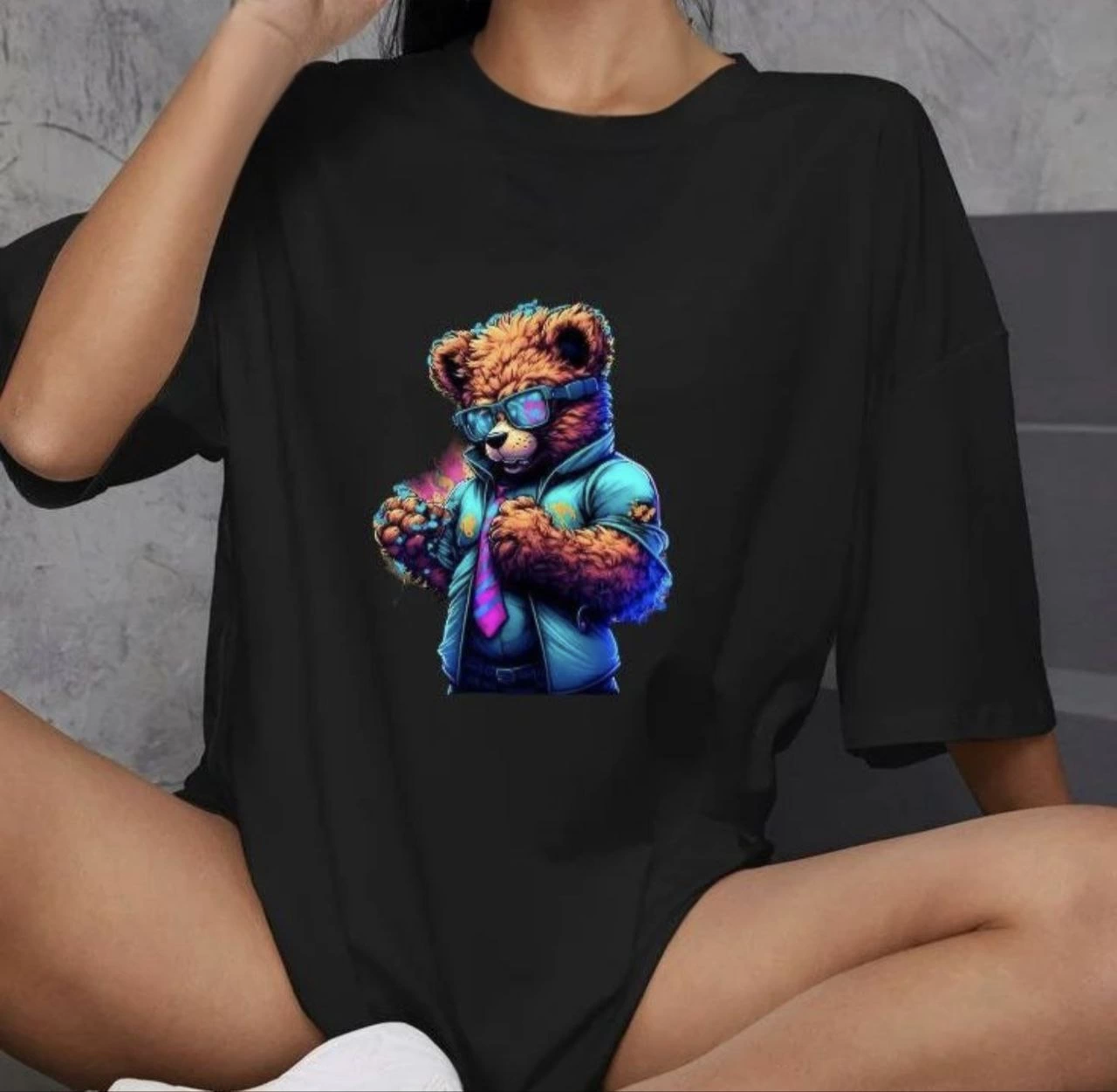 ASSEMA Kadın Baskılı T-Shirt Kısa Kol Bisiklet Yaka Oversize Rahat Kalıp Günlük Tişört   - Siyah