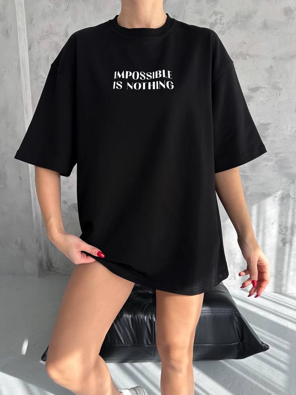 ASSEMA kadın Bisiklet Yaka Baskılı Oversize  Kısa kol T-Shirt - Siyah