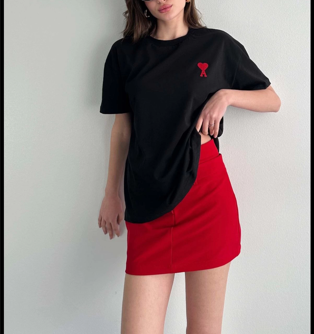 ASSEMA kadın Bisiklet Yaka Baskılı Oversize  Kısa Kol T-Shirt - Siyah